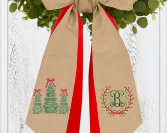 Embroidered Monogram Holiday Wreath Sash: Personalized Christmas Door Front Porch Decor