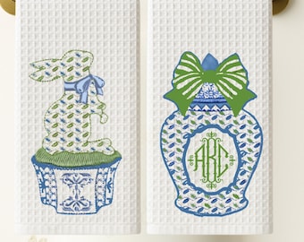 Preppy Monogram Tea Towel Collection Blue & White Chinoiserie Bunny Ginger Jar Kitchen Towel  | Custom Personalized Gift