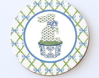 Monogrammed Chinoiserie Coasters: Preppy Blue & White Ceramic Drink Coasters