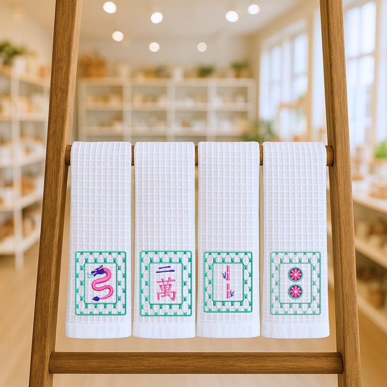 Mahjong Tea Towel Collection | Waffle Weave Kitchen Dish Towels with Mahjong Tile Designs | Personalized Mahj Gift For Mahjong Player image 2