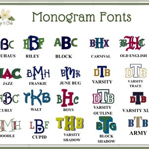 May include: A selection of monogram fonts, such as Bauhaus, Riley, and Block, each featuring three letters. The image presents different styles, including Jazz, Frankie, and June Bug. The text "Monogram Fonts" is also visible.