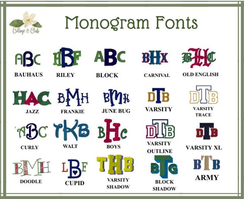 May include: A selection of monogram fonts, such as Bauhaus, Riley, and Block, each featuring three letters. The image presents different styles, including Jazz, Frankie, and June Bug. The text "Monogram Fonts" is also visible.