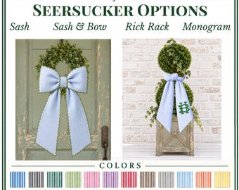 Seersucker Striped  Wreath Sash, Personalized Front Door Bow, 52 or 72 Inch Wreath Sash, Rick Rack Trim Option