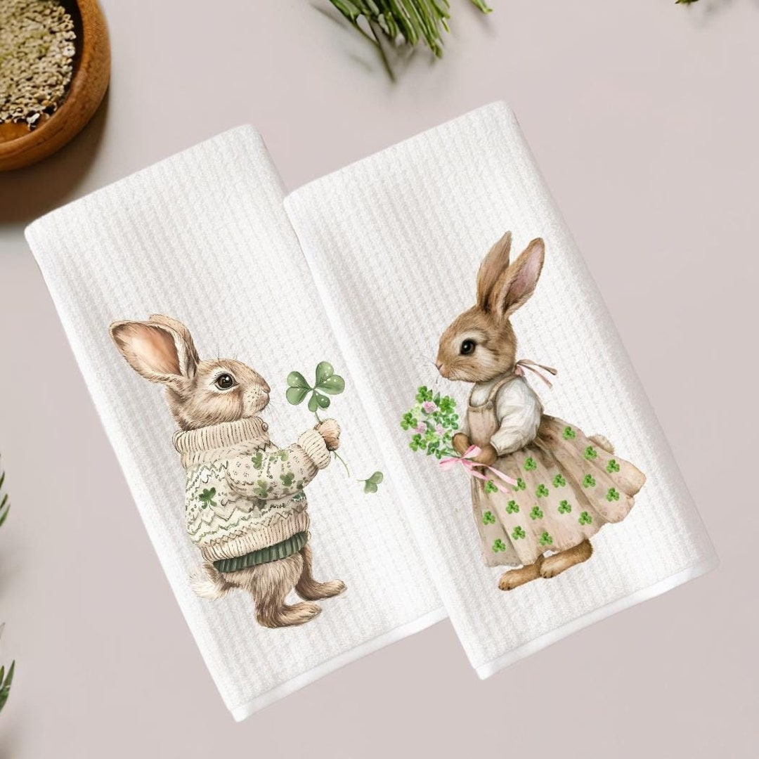 Bunny Rabbit Tea Towel: Spring Clover Waffle Weave Kitchen Decor - Etsy