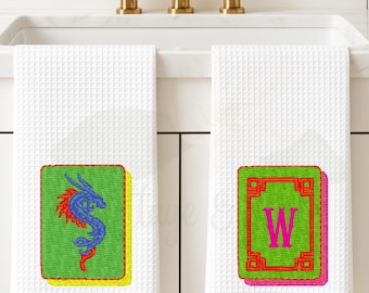 Mahjong Tea Towel Collection: Chinoiserie Tile Print, Grand Millennial Decor, Personalized Mahjong Player Gift