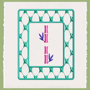 May include: A pink bamboo stalk with green leaves is framed by a turquoise lattice design.