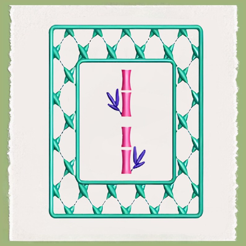 May include: A pink bamboo stalk with green leaves is framed by a turquoise lattice design.