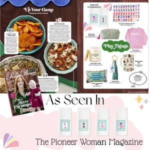 May include: A magazine spread showcasing snacks and Mahjong-themed products. The snacks are in turquoise bowls. The Mahjong items include a keychain, a mug, a pillow, and a pink sweater with "MAHJ" on it. The magazine cover says "Merry Christmas!" and features a woman and a baby.