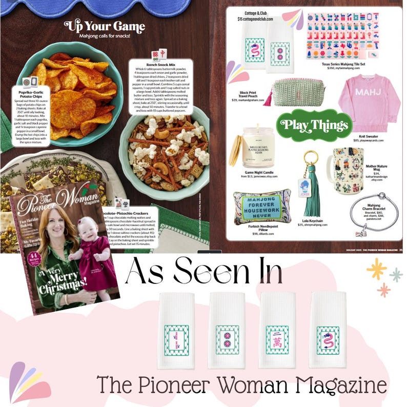 May include: A magazine spread showcasing snacks and Mahjong-themed products. The snacks are in turquoise bowls. The Mahjong items include a keychain, a mug, a pillow, and a pink sweater with "MAHJ" on it. The magazine cover says "Merry Christmas!" and features a woman and a baby.