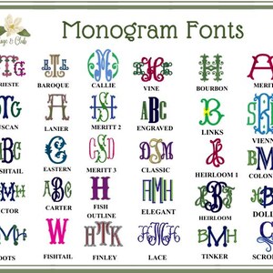 May include: A selection of monogram fonts in diverse styles and colours, such as Trieste, Baroque, Callie, Vine, Bourbon, Merit, Tuscan, Lanier, Engraved, Links, Vienna, Fishtail, Eastern, Classic, Heirloom, Colonial, Victor, Carter, Fish Outline, Elegant, Dolly, Dots, Finley, Lace, Tinker, and Scroll.