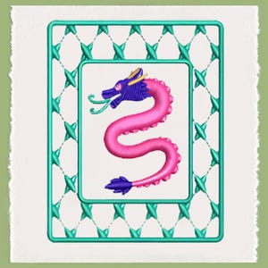 May include: A pink dragon with blue and purple accents is embroidered in a square frame with a turquoise lattice pattern.