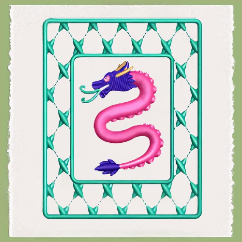 May include: A pink dragon with blue and purple accents is embroidered in a square frame with a turquoise lattice pattern.