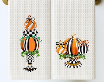 Black & White Checkered Tea Towel Personalized Kitchen Decor, Halloween Pumpkin Accent