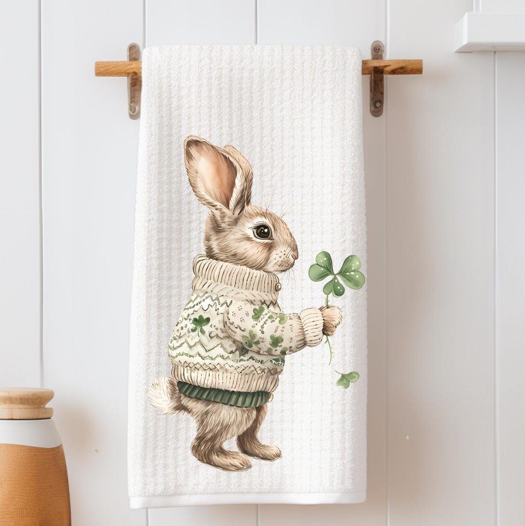Bunny Rabbit Waffle Weave Tea Towel: Spring Clover Kitchen Decor - Etsy