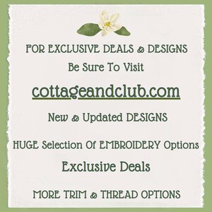 May include: A white paper with a torn edge, featuring text in green font. The text includes "FOR EXCLUSIVE DEALS & DESIGNS", "cottageandclub.com", and "Exclusive Deals". A floral illustration is at the top.