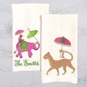 Preppy Palm Beach Animal Party Tea Towels | Colorful Waffle Weave Towels  Monogram Gift Personalize Options Hostess Gift Bar Cart Towel
