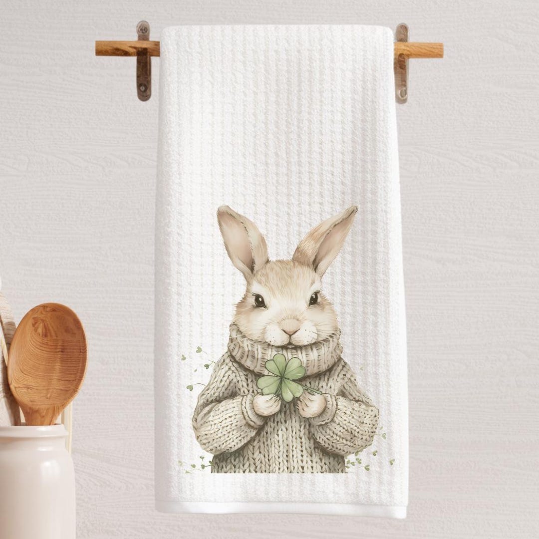 Bunny Rabbit Tea Towel: Spring Clover Shamrock - Farmhouse Kitchen ...