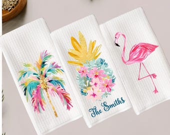 Tropical Kitchen Tea Towel: Palm Beach Flamingo, Pineapple, Palm Tree