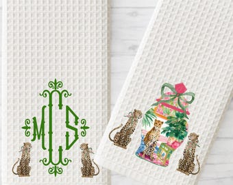 Personalized Leopard Cheetah Waffle Kitchen Towel, Preppy Hostess Gift