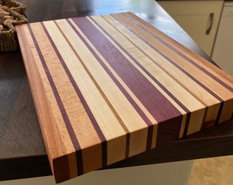 Edge grain cutting board. Handcrafted. Purple heart and other exotic wood species. Made in Ireland chopping board. Butchers block,