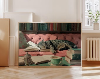 Tabby Cat Wall Art, Sleeping Cat Book Art, Cozy Reading Cat Print, Vintage Library Sofa Cat, Cat Lover Decor, Coffee Lover, Digital Print