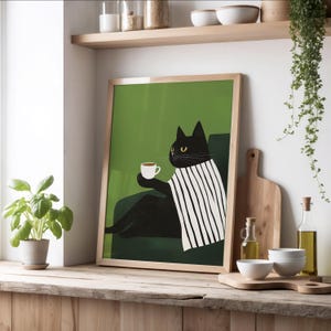 Black Cat Coffee Print, Minimalist Wall Decor, Mid Century Modern Cat Art, Black and White Kitchen Print, Digital Download, Cat Lover Gift