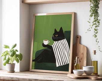 Black Cat Coffee Print, Minimalist Wall Decor, Mid Century Modern Cat Art, Black and White Kitchen Print, Digital Download, Cat Lover Gift