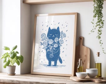 Impression de bouquet de chat confortable, art mural chat fleur mignon, art félin dessiné à la main, déco florale de chat, art chat fantaisiste, cadeau pour amoureux des chats, impression numérique