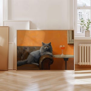 ピーチカクテルプリントのロシアンブルー猫、風変わりなカクテルバーの装飾、かわいいペット、気まぐれな猫の壁アート、ミニマリストの壁アート、デジタルプリント