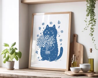 Impression de bouquet de chat confortable, art mural chat fleur mignon, art félin dessiné à la main, déco florale de chat, art chat fantaisiste, cadeau pour amoureux des chats, impression numérique