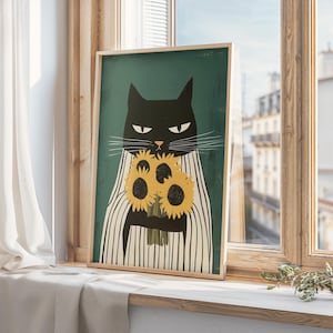Black Cat Wall Art with Sunflower, Whimsical Cat Decor, Mid Century Modern Cat Print, Boho Floral Wall Art,  Cat Lover Gift, digital print