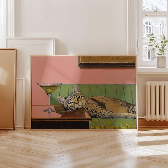 Tabby Cat with Martini Art Print, Whimsical Cat Wall Art, Cocktail Bar Cart Decor, Funny Cat Lover Gift, Digital Download, Kitchen Art