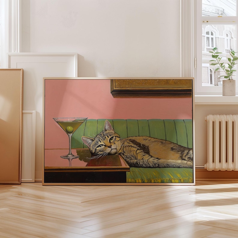 Whimsical illustration of a tabby cat holding a martini glass, perfect for kitchen or bar cart decor