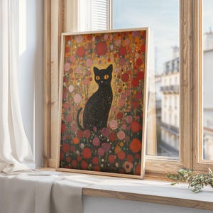 Black Cat Art Print, Klimt Garden Cat Poster, Rose Floral Wall Art, Funny Cat Gift, Gustav Klimt Decor, Digital Download, Valentine&#39;s Gift