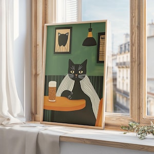 ビールを飲んだミニマリスト猫のプリント、エメラルドグリーンの壁アート、白黒の装飾、気まぐれな猫の壁アート、マティスのバーアート、デジタルダウンロード