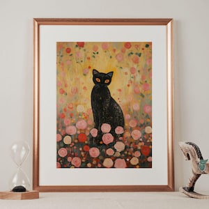 Black Cat Art Print, Klimt Garden Cat Poster, Rose Floral Wall Art, Funny Cat Gift, Gustav Klimt Decor, Digital Download, Romantic Wall Art