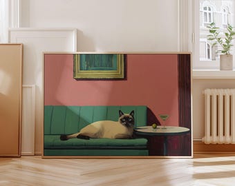 マティーニをつけたシャム猫のプリント、風変わりなカクテルバーの装飾、かわいい猫の壁アート、気まぐれな猫の壁アート、ミニマリストの壁アート、デジタルダウンロード