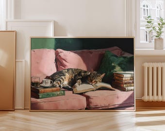 Tabby Cat with Coffee and Book Print, Sleeping Tabby art, Tabby Cat Sleeping Art,  Cozy Cat with Coffee Print, Cat Lover Art, Digital Print