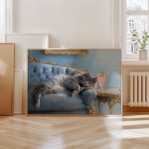 ピンクのモヒートプリントのロシアンブルーの猫、風変わりなカクテルバーの装飾、バーアート、気まぐれな猫の壁アート、ミニマリストの壁アート、デジタルダウンロード