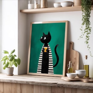 Black Cat Coffee Print, Minimalist Cat Wall Decor, Mid Century Modern Cat Art, Funny Cat Lovers Gift, Vintage Black White Art, Digital Print