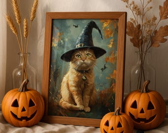 Ginger Cat Witch Hat Print, Spooky Halloween Wall Art (Digital Print)