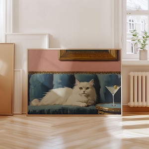 マティーニを持った白い猫のプリント、風変わりなカクテルバーの装飾、かわいいペットの肖像画、気まぐれな猫の壁アート、ミニマリストの壁アート、デジタルダウンロード