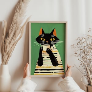 Minimalist Black Cat Coffee Print, Mid Century Modern Cat Wall Art, Vintage Quirky Decor, Cat Lovers Gift, Kitchen Art, Digital Download