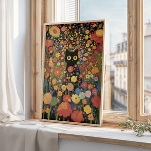 Gustav Klimt Garden Cat Print, Black Cat Art, Floral Poster, Funny Cat Gift, Printable Wall Art, Digital Download, Home Decor, Cat Lovers 07
