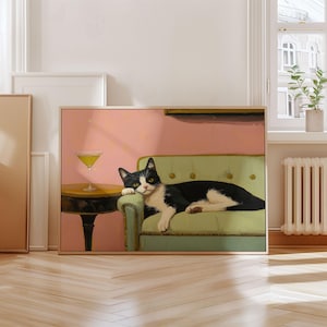 マティーニを持ったタキシード猫のアートプリント、カクテルアートバーカートの装飾、猫の壁アート、キュートで風変わりな、ミニマリストの壁アート、デジタルダウンロード