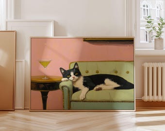 Tuxedo Cat with Martini Art Print, Cocktail Art Bar Cart Decor, Cat Wall Art, Cute Quirky Whimsical, Minimalist Wall Art, Digital Download