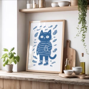 Cozy Cat with Coffee Wall Art, Stoner Cat Print, Funny Cat Lover Gift, Whimsical Cat Decor, Vintage Hand Drawn, Cat Lover Art, Digital Print