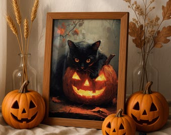 Black Cat Pumpkin Halloween Print, Spooky Wall Art (Digital Print)