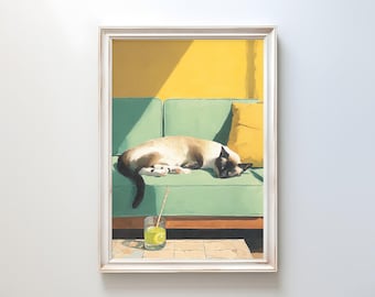 シャム猫のカクテルアートプリント、風変わりなカクテルバーの装飾、カクテルを持つ気まぐれなシャム猫、猫好きへのギフト、バーの装飾アート、デジタルプリント
