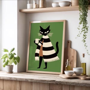 Minimalist Black Cat Coffee Print, Mid Century Modern Cat Art, Cat Lovers Gift, Vintage Quirky Decor, Kitchen Boho Art, Digital Download